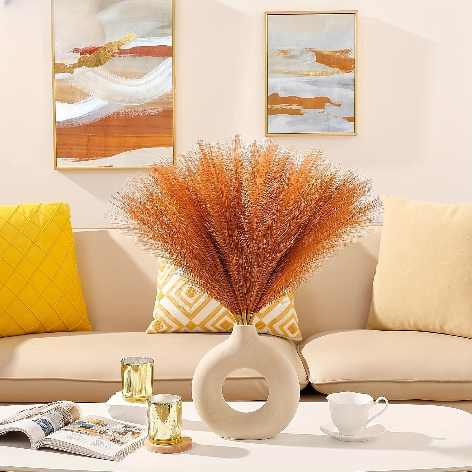 6pcs Orange Pampas Grass Decor Faux Burnt Orange Fall Boho Wedding