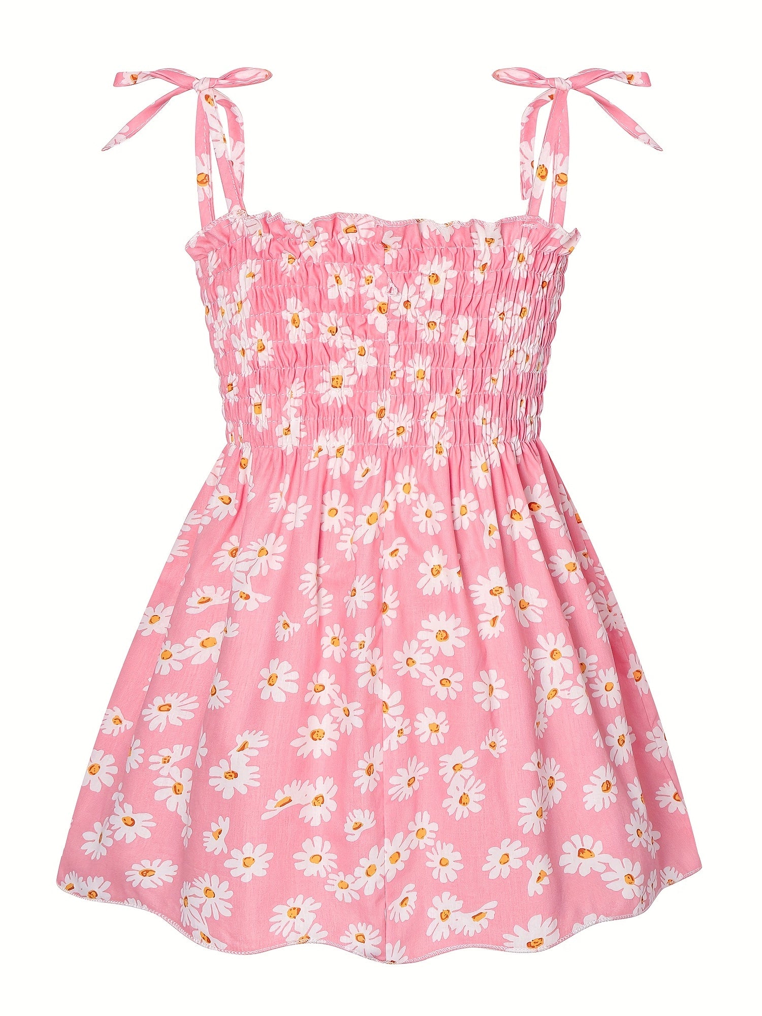 Toddler Girls Daisy Graphic Frill Trim Shirred Bow Shoulder Princess Cami Dress