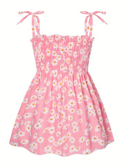 Toddler Girls Daisy Graphic Frill Trim Shirred Bow Shoulder Princess Cami Dress