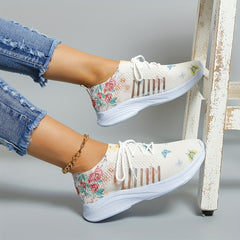 Women's Breathable Sock Sneakers Floral & Butterfly Print Lace Up Running Shoes