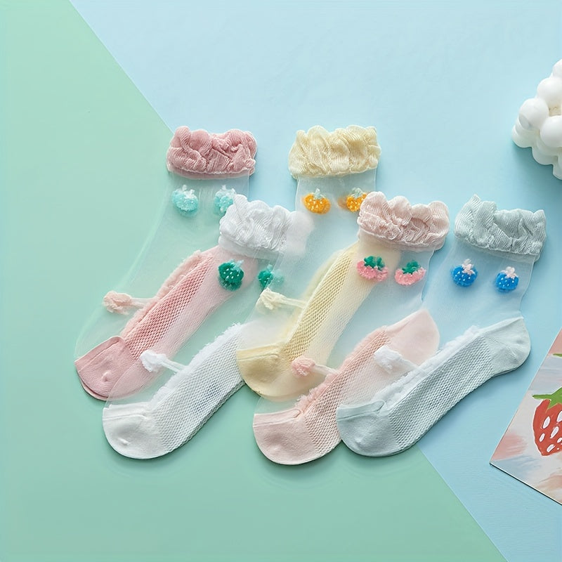 5 Pairs Kids Ice Stockings Ultra-thin Mesh Crystal Socks Cotton Strawberry Lace