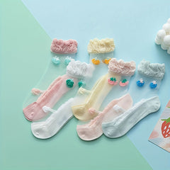 5 Pairs Kids Ice Stockings Ultra-thin Mesh Crystal Socks Cotton Strawberry Lace