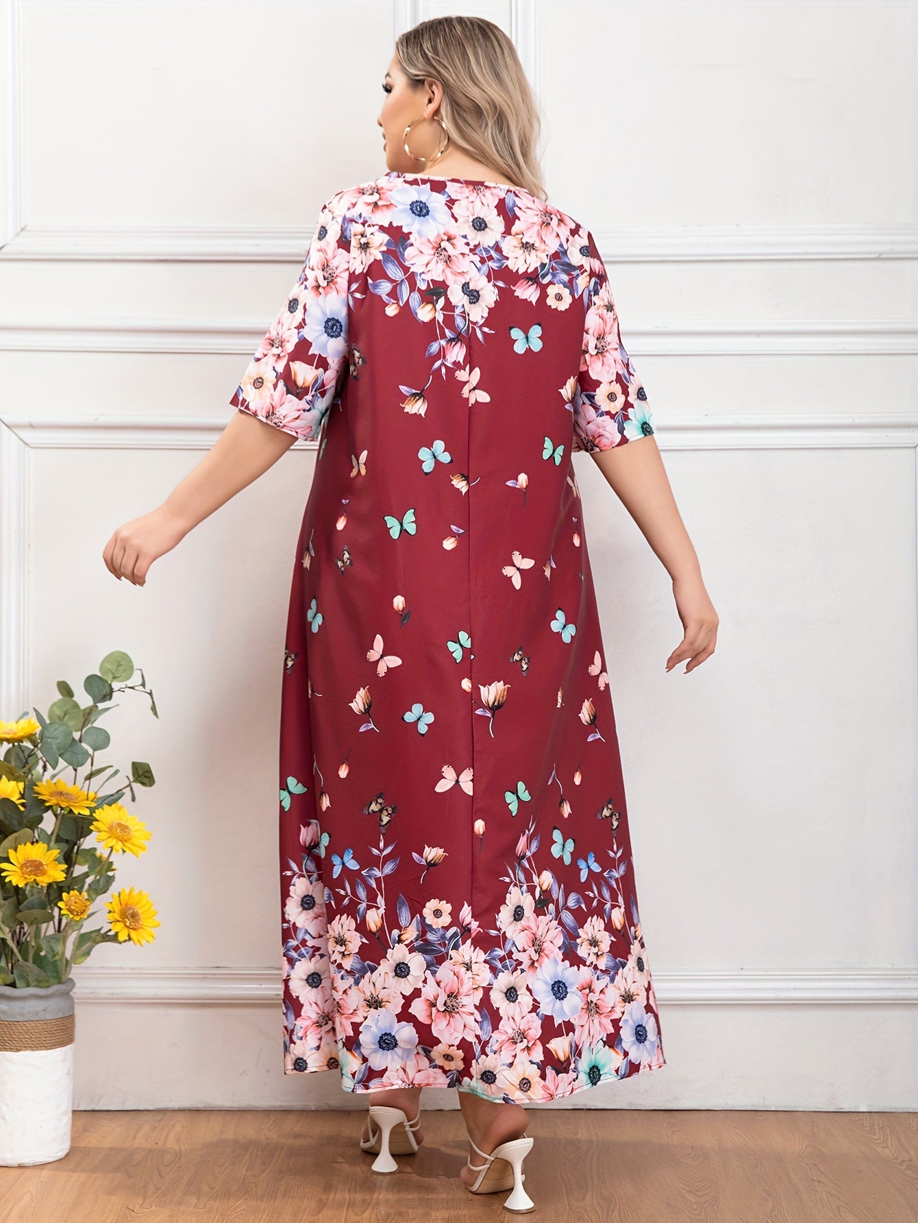 Plus Floral & Butterfly Print Half Sleeve V Neck Maxi Dress