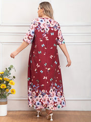Plus Floral & Butterfly Print Half Sleeve V Neck Maxi Dress