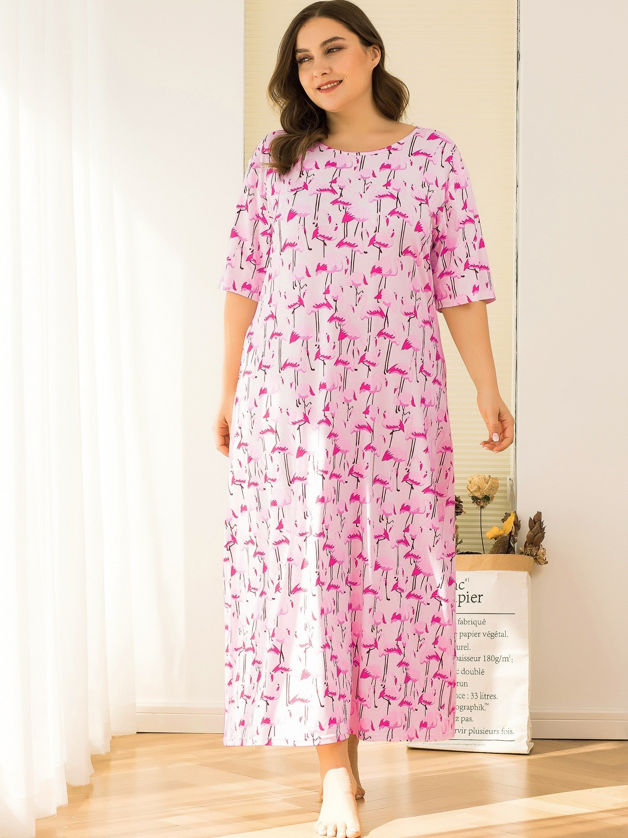 Plus Flamingo Print Short Sleeve Nightdress