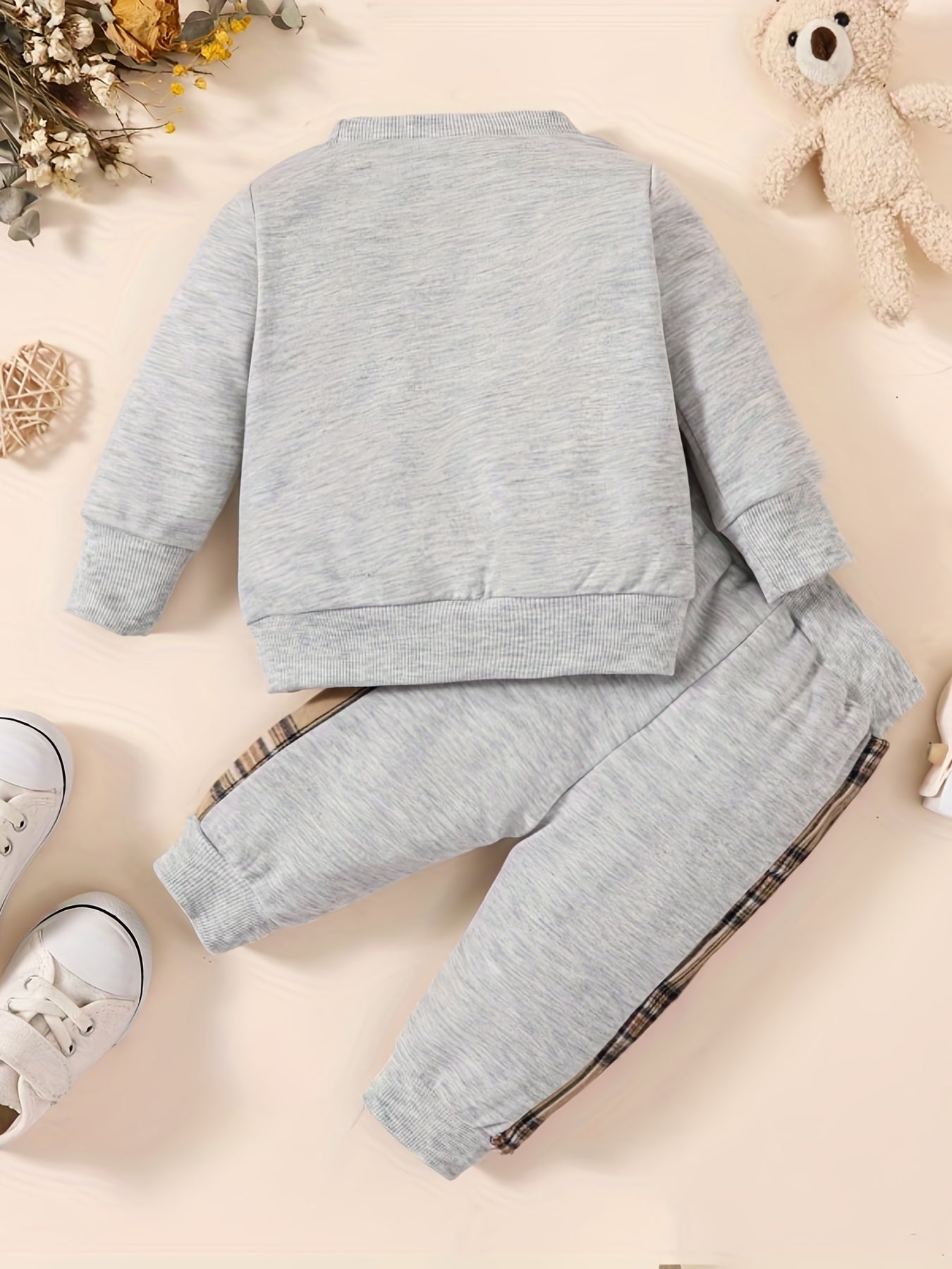 Toddler Baby Boy Bear Embroidered Pullover & Plaid Trousers Set