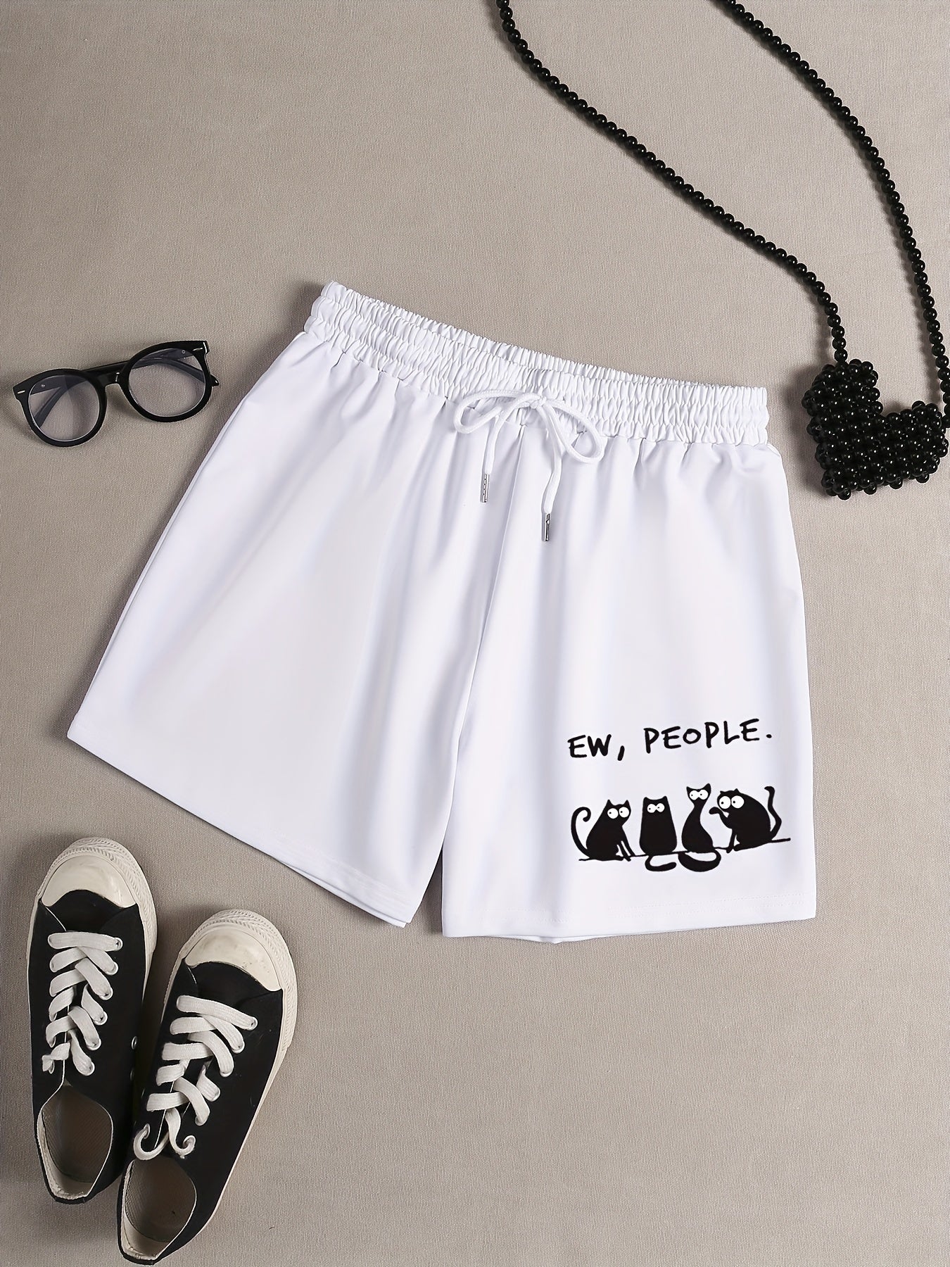 Cat & Letter Print Sporty Pajama Shorts