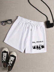 Cat & Letter Print Sporty Pajama Shorts