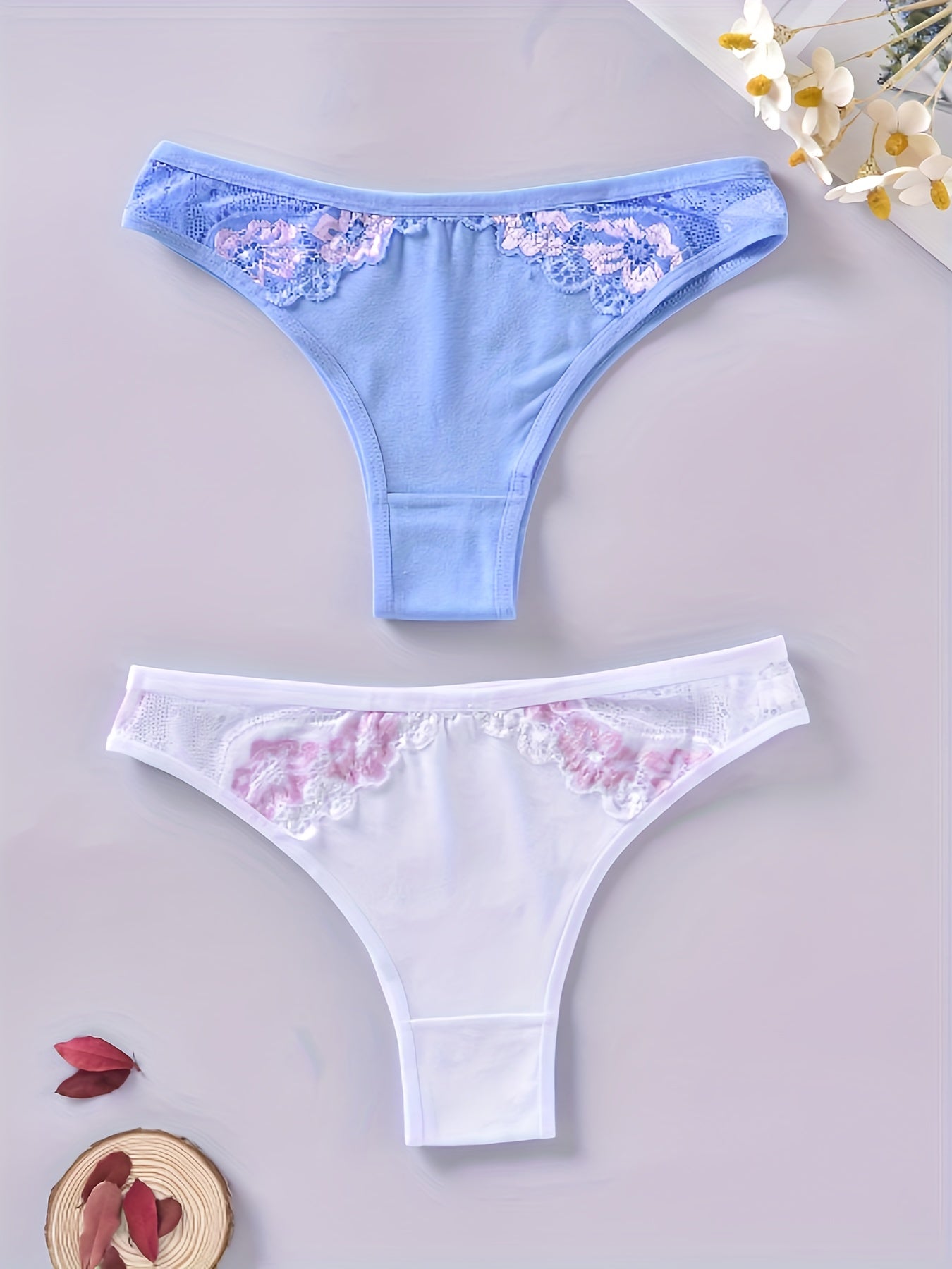2pcs Lace Thongs Soft & Comfy Stretchy Panties Women's Lingerie