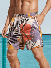 Leaf Pattern Print Men's Swim Trunks Quick Dry Beach Shorts Swimwear