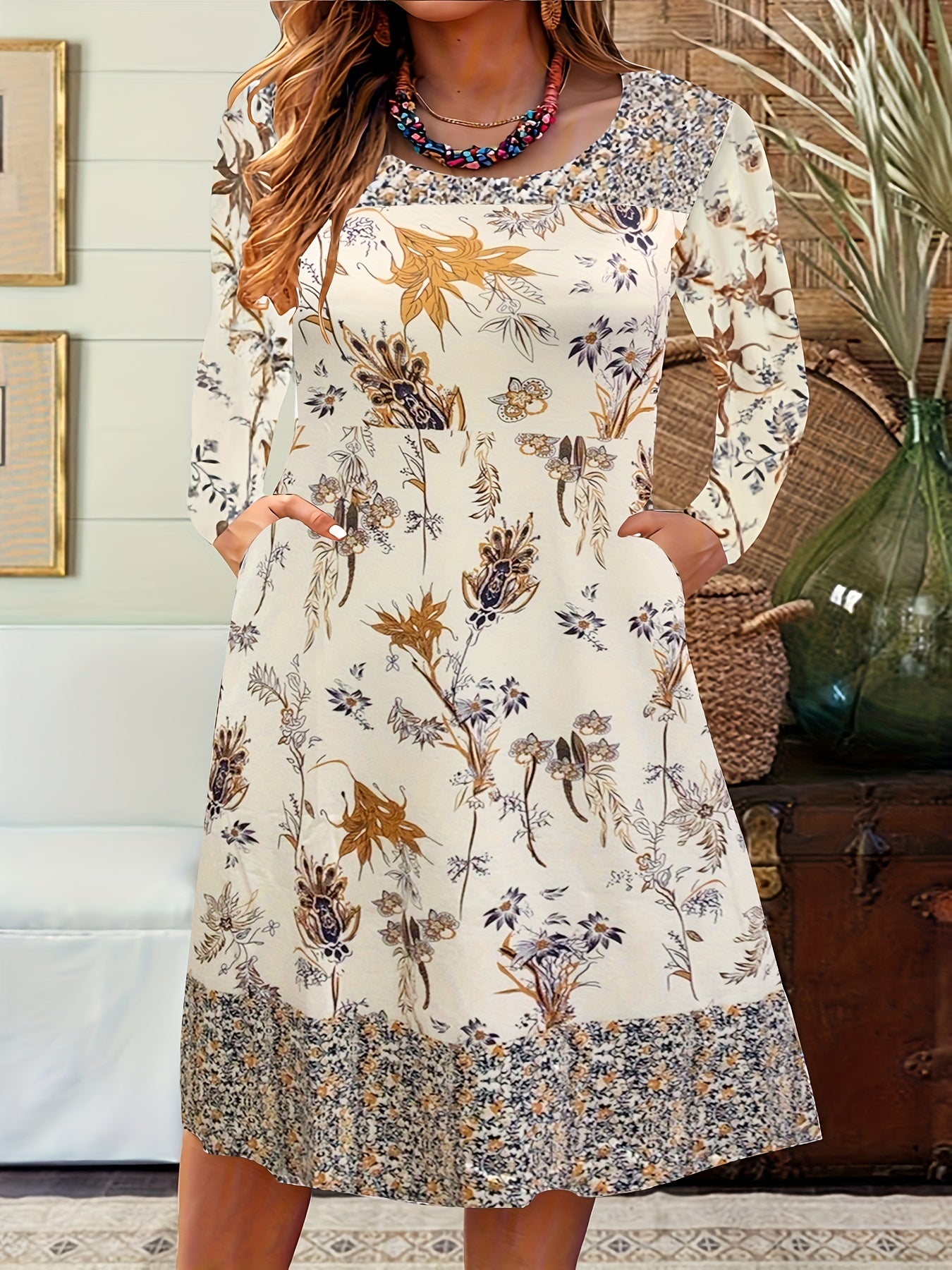 Colorblock Floral Print Long Sleeve Casual Dress