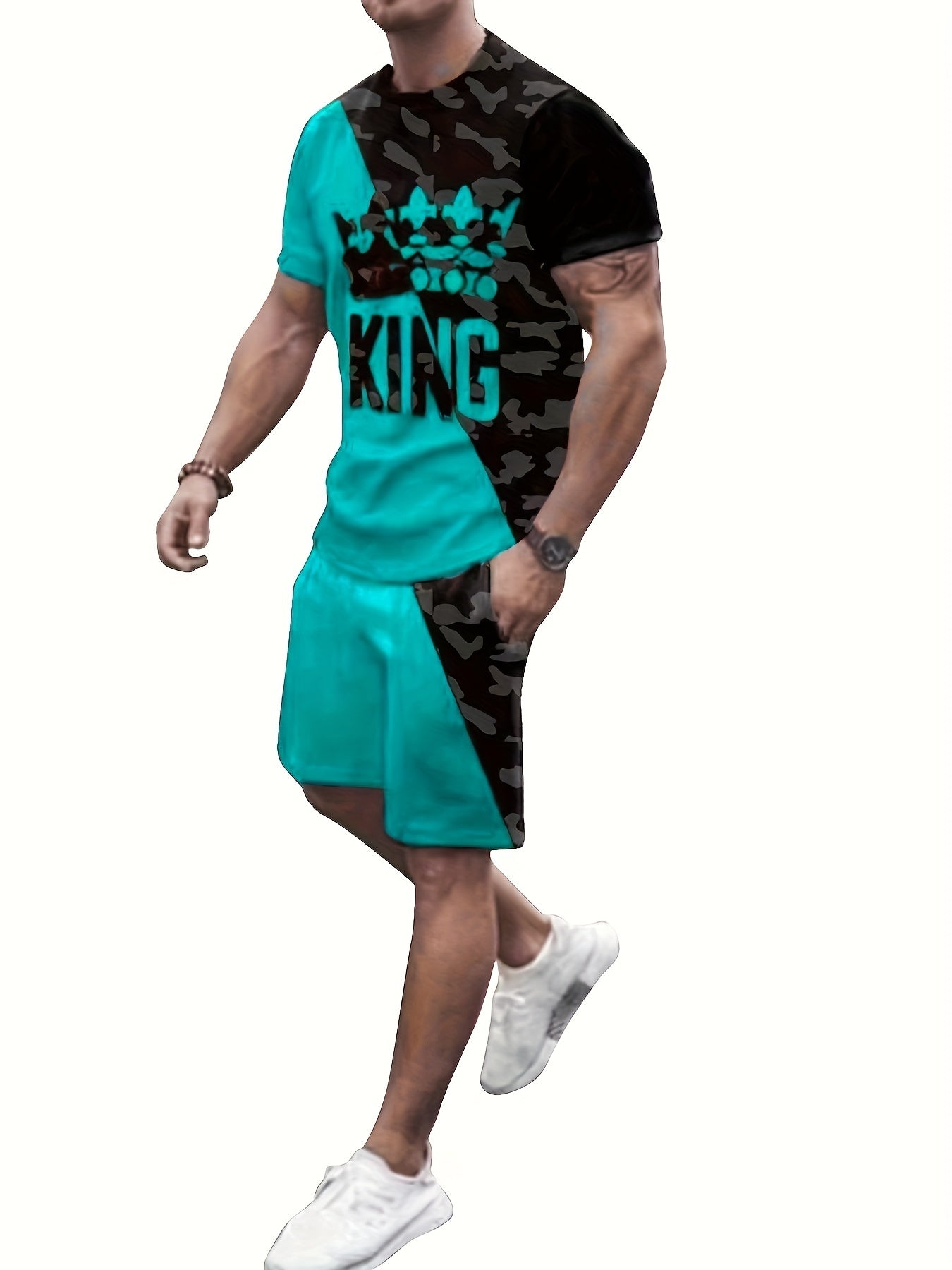 Men's King Crown Print 2 Piece Outfit T-shirt and Drawstring Shorts Set