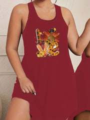 Plus Size Thanksgiving Loungewear Dress Women's Plus Turkey & Pumpkin Print Tank