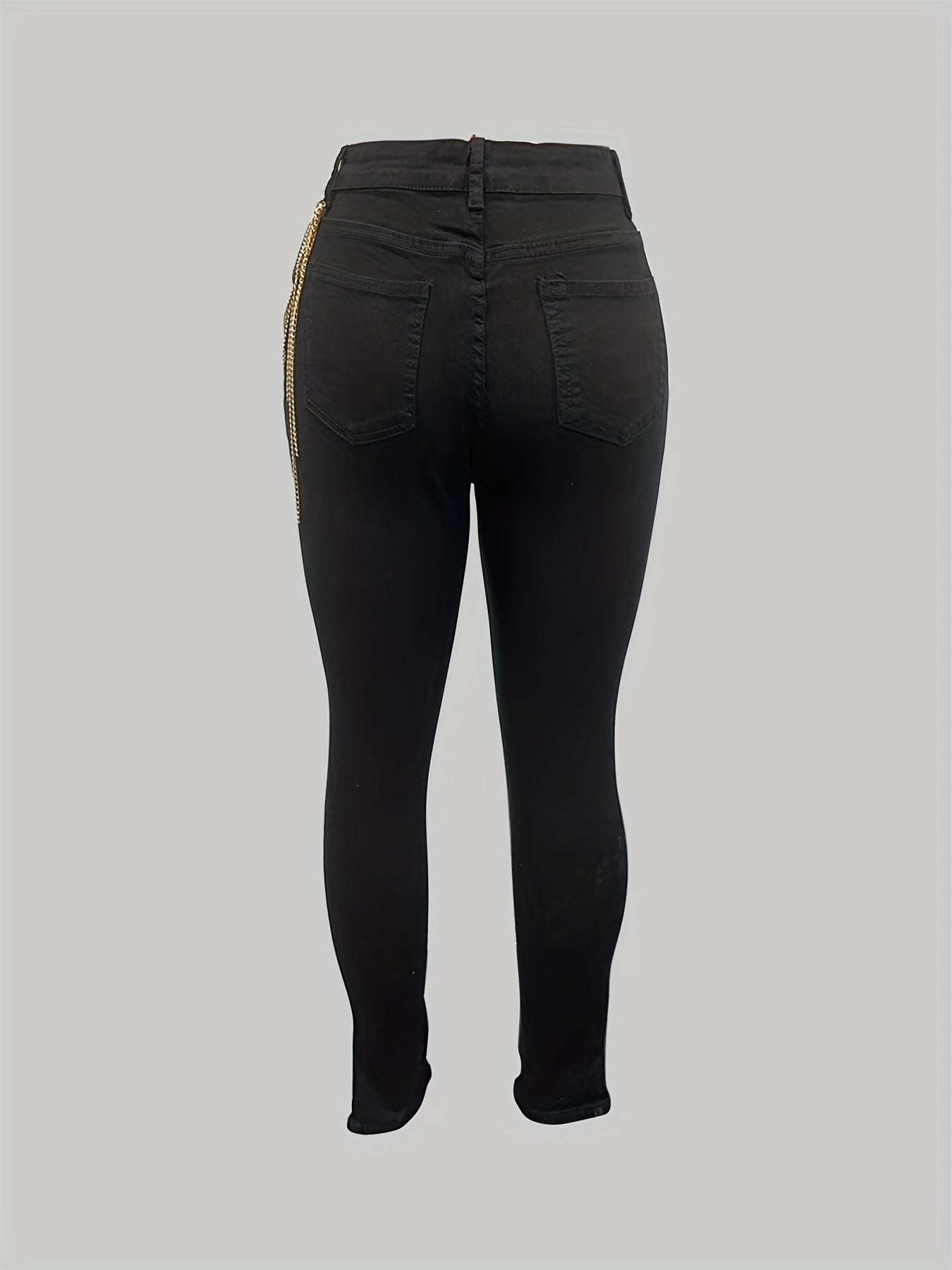 Distressed Metal Chain Skinny Jeans High Stretch Denim Pants