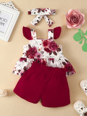 Baby Girls Rose Print Peplum Top & Shorts Set with Headband
