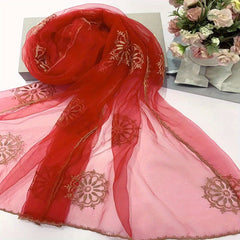 Breathable Organza Scarf Flower Embroidery Shawl Head Wrap Sunscreen
