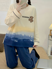 Cartoon Bear Pajama Set Long Sleeve Crew Neck Top & Pants