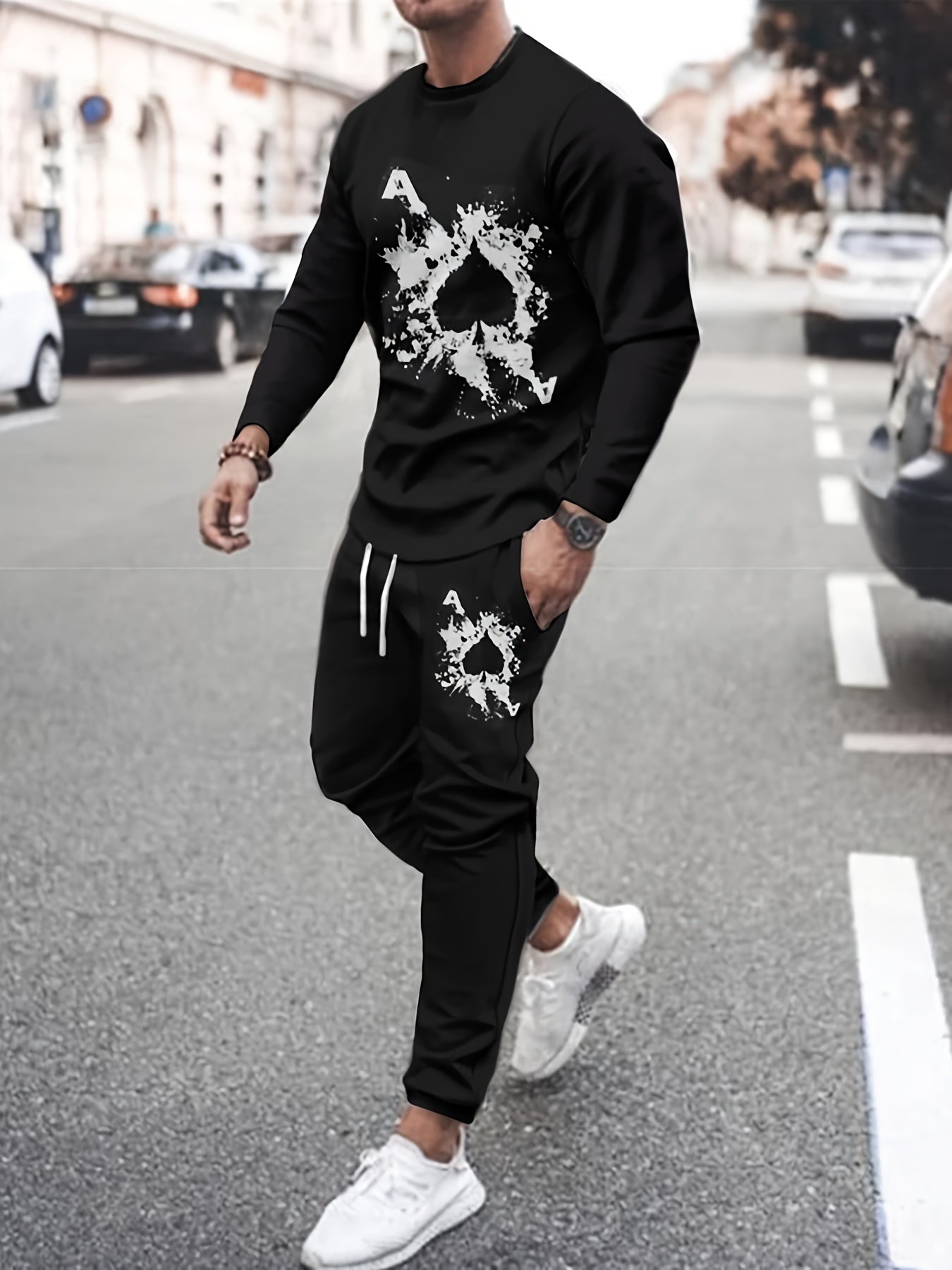 Card Elements Print Men's 2Pcs Outfits Sweatshirt & Sports Trouser