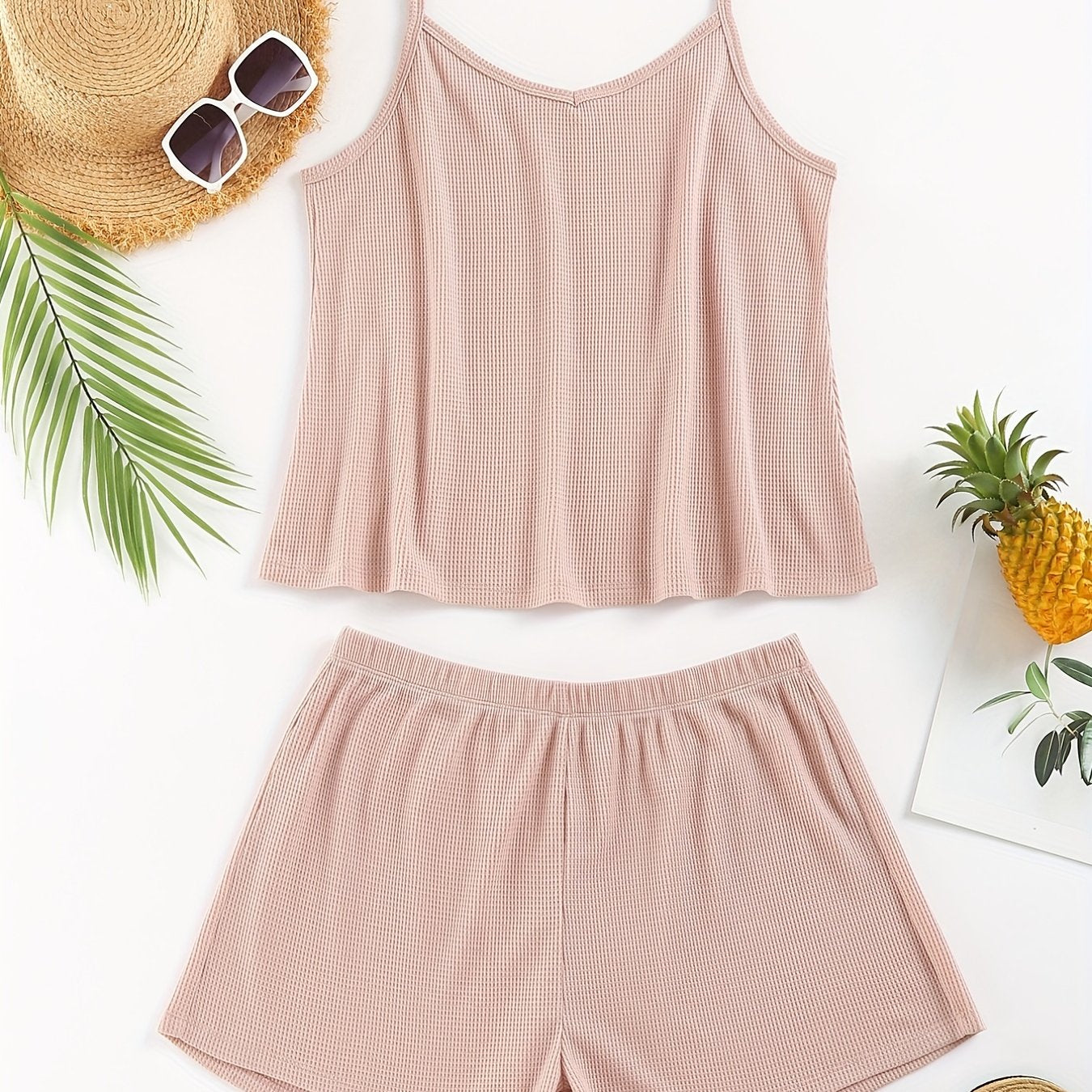Solid V Neck Waffle Camisole & Shorts Pajama Set