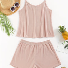 Solid V Neck Waffle Camisole & Shorts Pajama Set