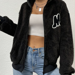 Fuzzy Jacket Zipper Lapel Long Sleeve Loose Outerwear