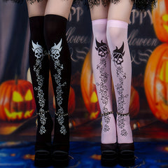 Skull Print Thigh High Socks Halloween Lace Over The Knee Stockings