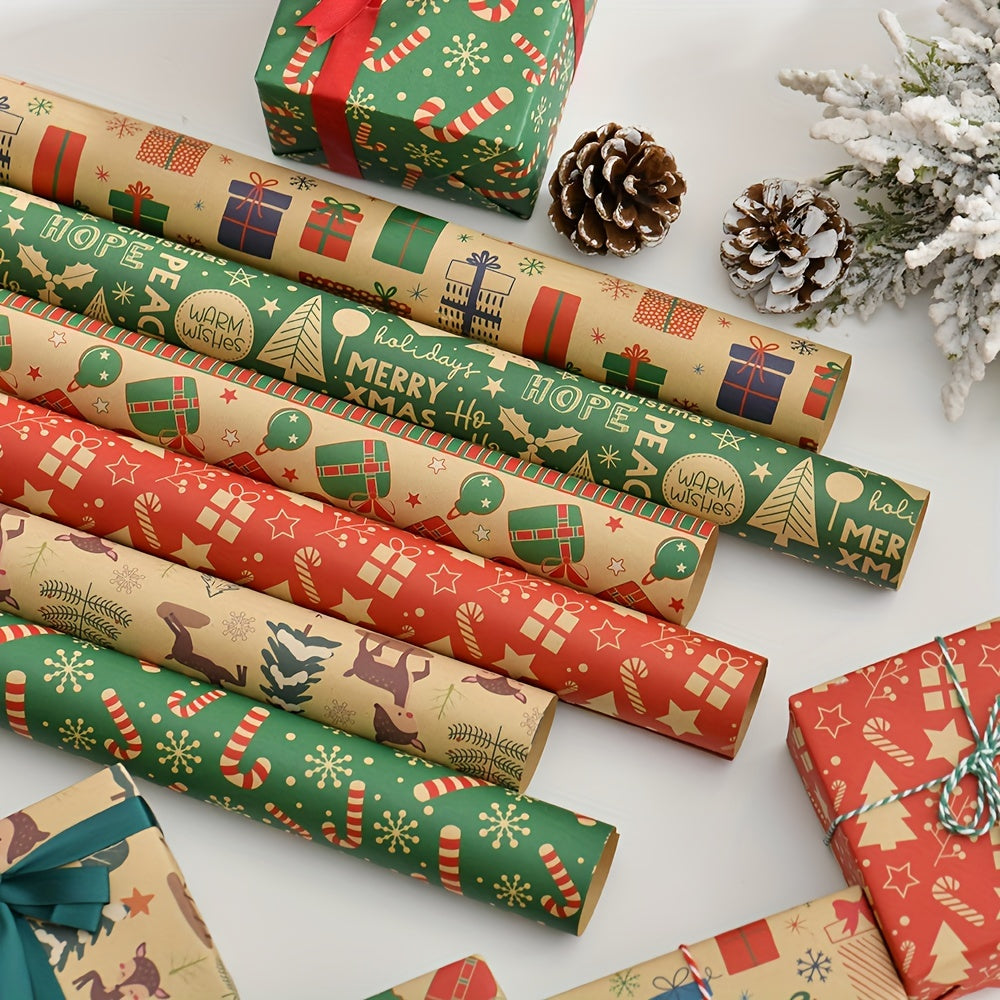 6pcs Christmas Wrapping Paper Folded 27 x 55in, Snowmen Candy Canes Tree