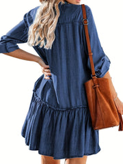 Women's Denim Dress with Stand Collar and Ruffle Trim