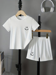 Boys Happy Face Casual Outfit T shirt & Shorts Kids Summer Clothes Sets
