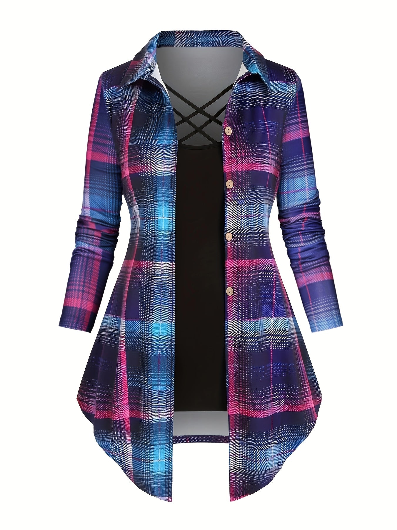 Plaid Button Up Blouse & Cami Top Outfit Set