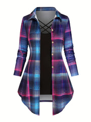 Plaid Button Up Blouse & Cami Top Outfit Set