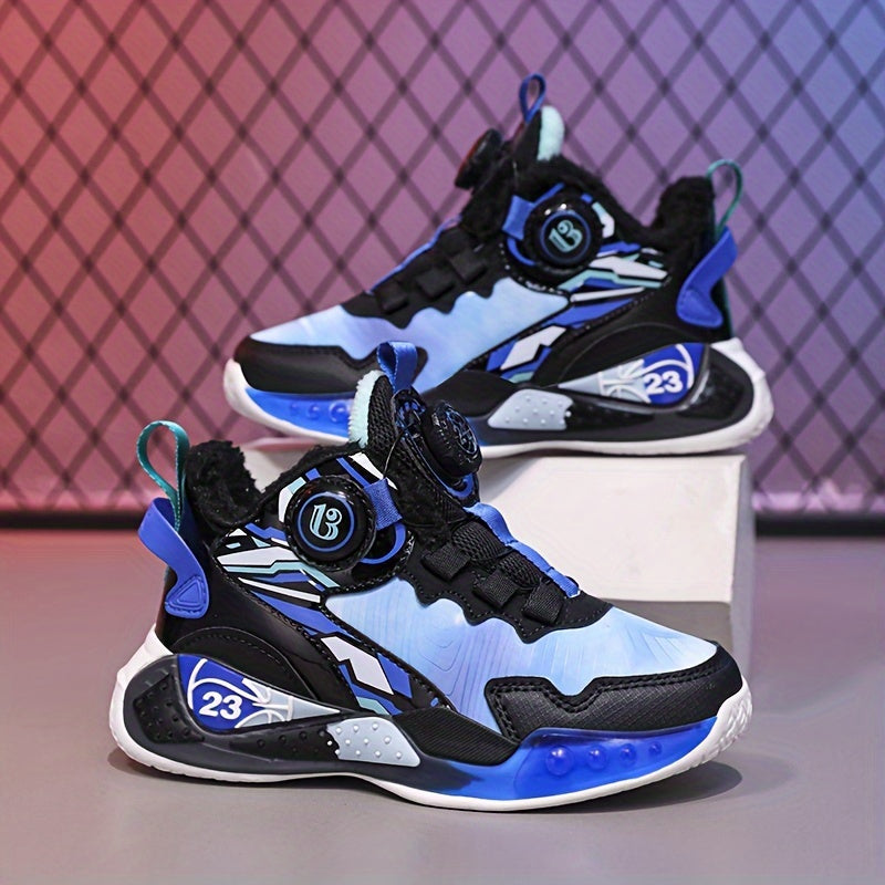 Boy's Basketball Shoes with Rotating Buckle Comfy Breathable Non Slip Sneakers