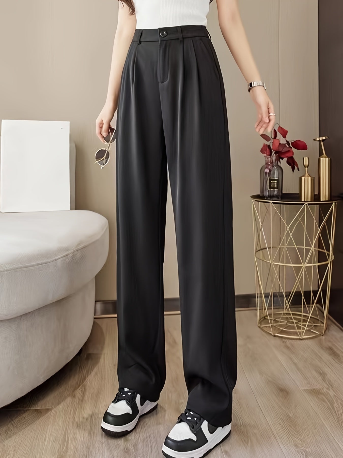 Solid High Waist Draped Long Length Pants