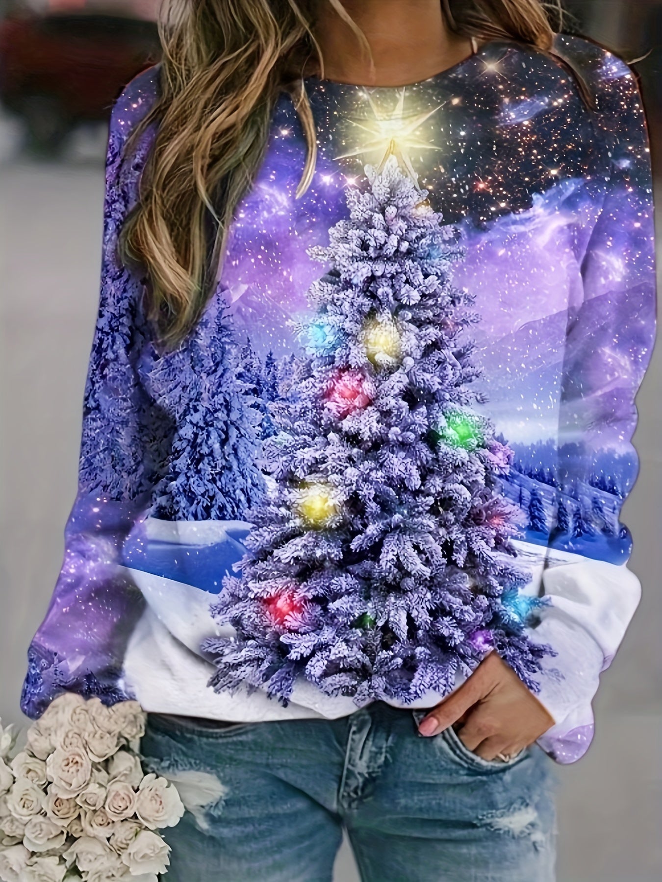 Christmas Tree Print Sweatshirt Crew Neck Long Sleeve Casual Pullover