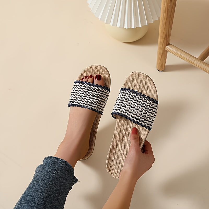 Women's Wavy Striped Print Flat Slippers Open Toe