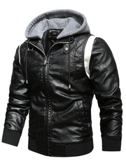 Men's Slim Fit Winter Splice Pu Leather Hooded Jacket Coat