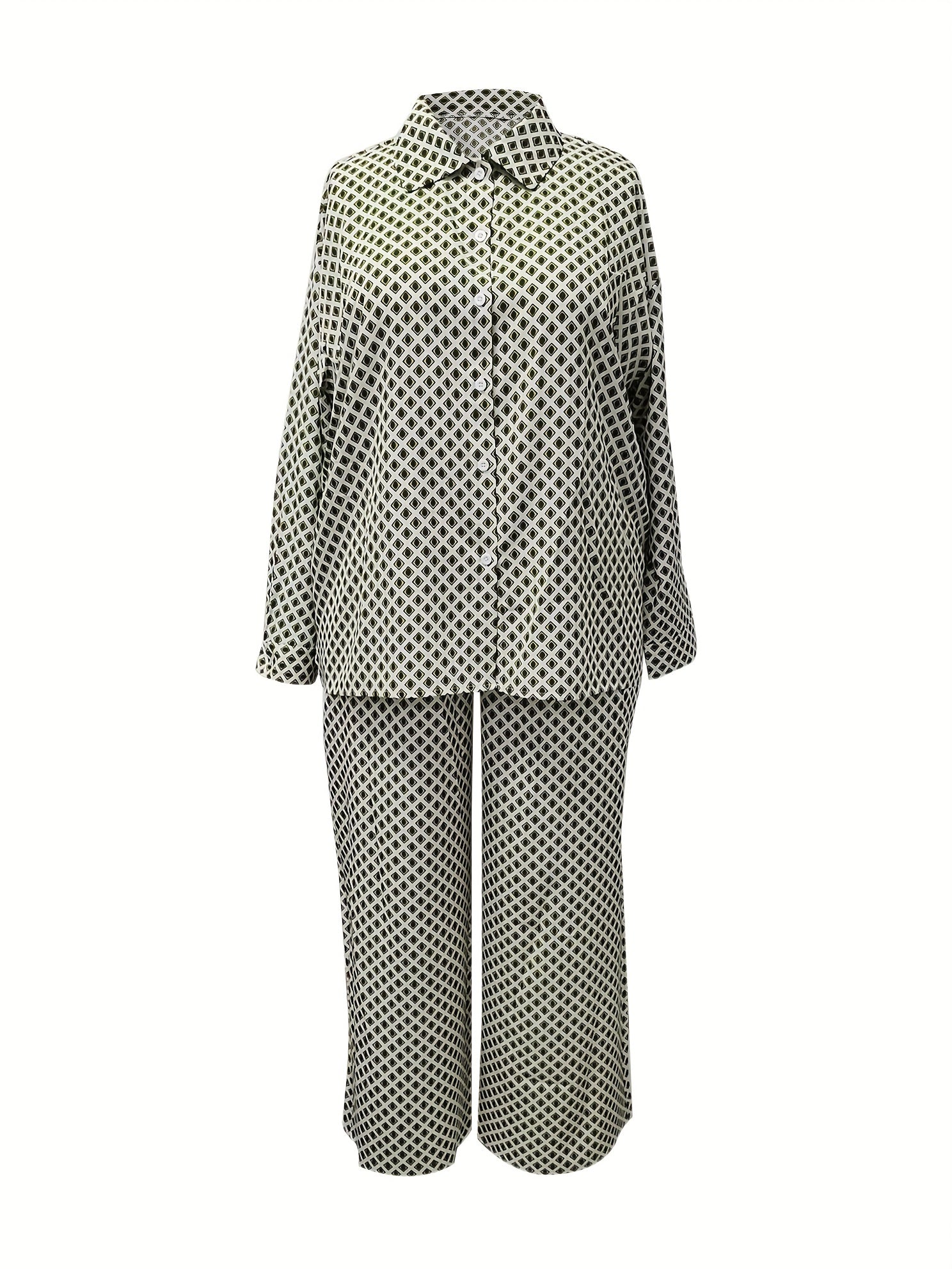 Argyle Print Blouse & Wide Leg Pants Set