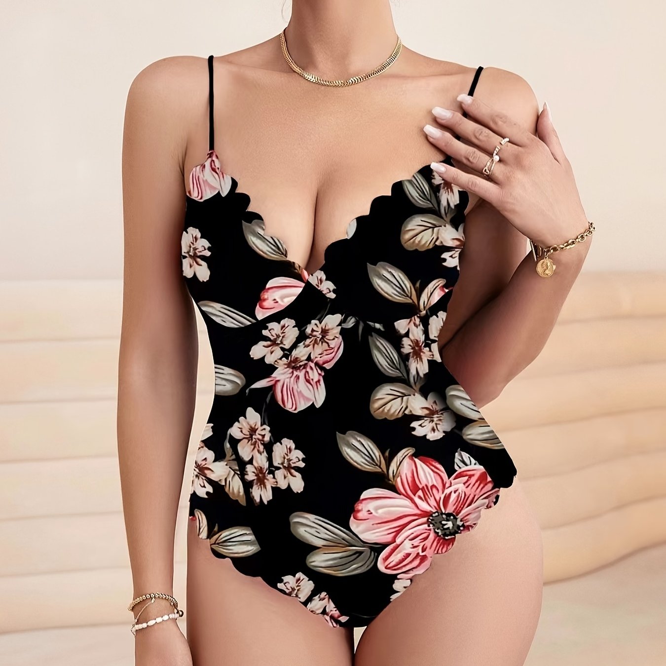 Floral Print Cami Bodysuit Plunge Neck Scallop Trim Bodysuit
