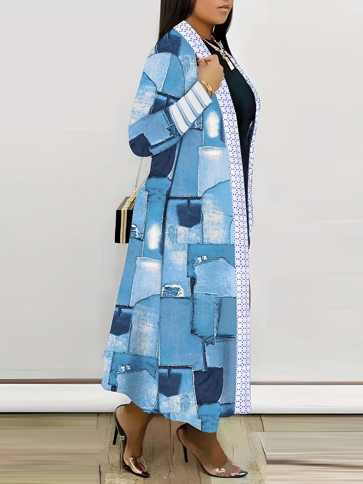 Denim Print Patchwork Knitted Cardigan Long Sleeve Outwear