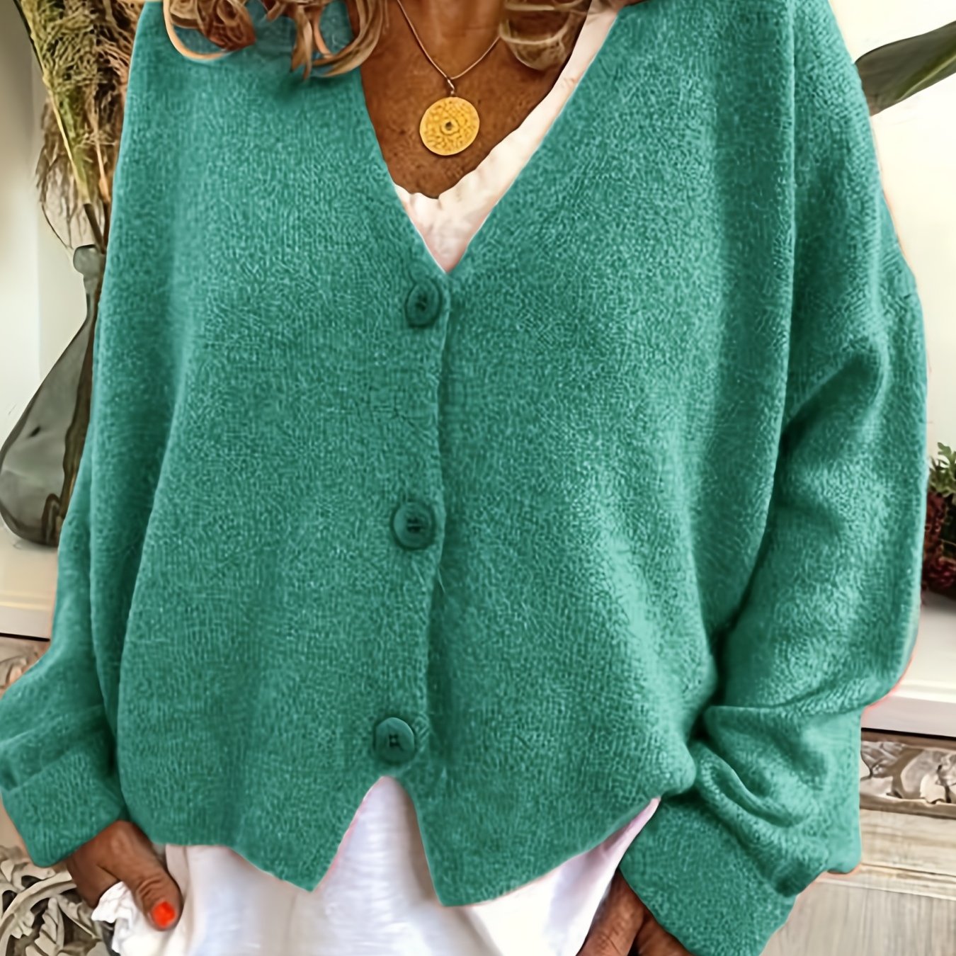 Solid Button Up V Neck Cardigan Long Sleeve Sweater