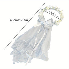 Short Wedding Veil Bow Headband for Women Bridal Veil with Floral Accents