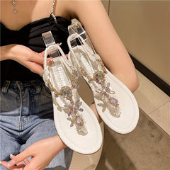 Women's Rhinestone Flat Sandals T Strap Slip On Shoes