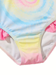 Girls Gradient Tie Dye Ruffle Trim Swimsuit