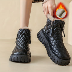 Women's Argyle Quilted Snow Boots Fleece Lining Zipper Platform Warm Ankle Boots