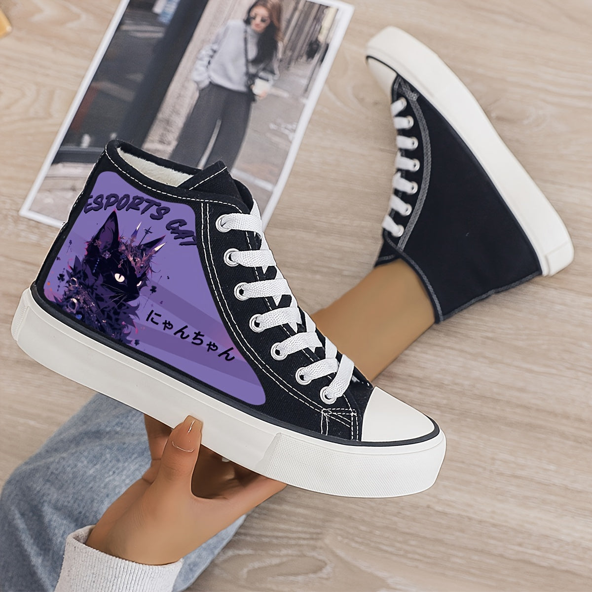 Cat Print Plush Lined Thermal Chunky Canvas Sneakers Flat