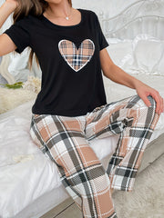 Heart Print Pajama Set Short Sleeve Crew Neck Top & Plaid Pants
