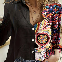 Colorblock Floral Print Button Up Blouse
