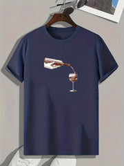 Wine & Cup Print Men's Comfy T shirt Active Breathable Tee