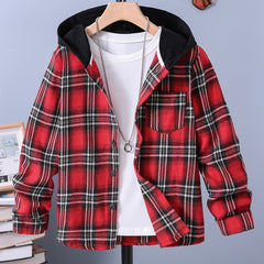 Boys Plaid Hooded Shirts Long Sleeve Button Down Hoodie Tops