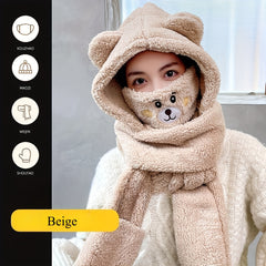 Bear Hooded Scarf Mask Gloves Set for Adults Winter Wear
